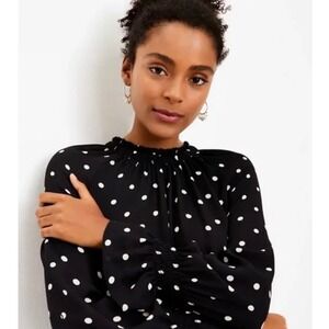 NWT LOFT Petites Black White Polka Dot Ruffle Neck Long Sleeve Blouse Size XS